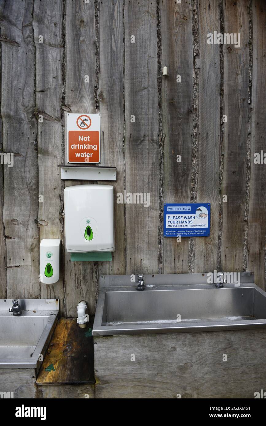 Area faunistica stazione di lavaggio mani, con lavelli in metallo,  dispenser di sapone e asciugamani di carta. Segnale acqua non potabile.  Nessuna gente Foto stock - Alamy