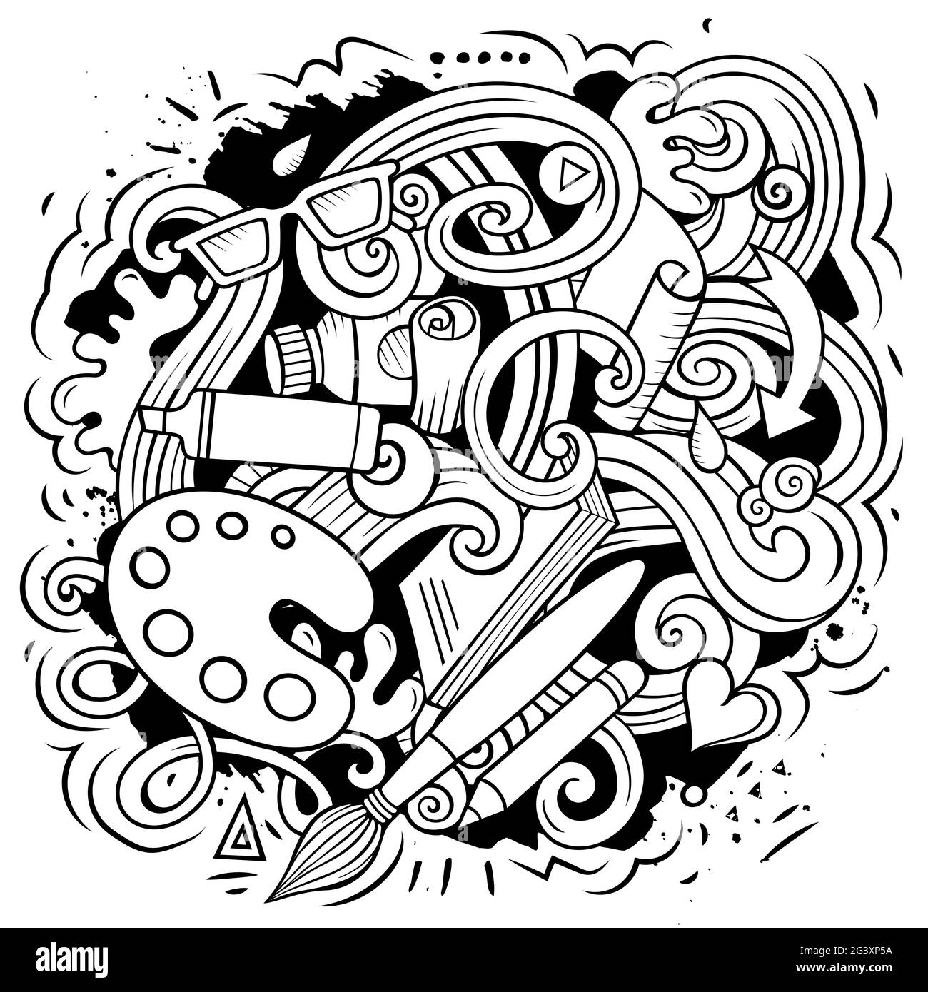Illustrazione di doodles vettoriali d'arte. Elementi dell'artista e oggetti sfondo cartoon. Un'immagine divertente e di schizzo. Tutti gli elementi sono separati Illustrazione Vettoriale