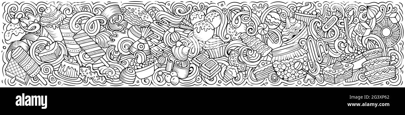 Dolciumi disegnati a mano fumetto doodles illustrazione. Dessert oggetti divertenti ed elementi poster design. Sfondo creativo. Banner vettoriale di schizzo Illustrazione Vettoriale