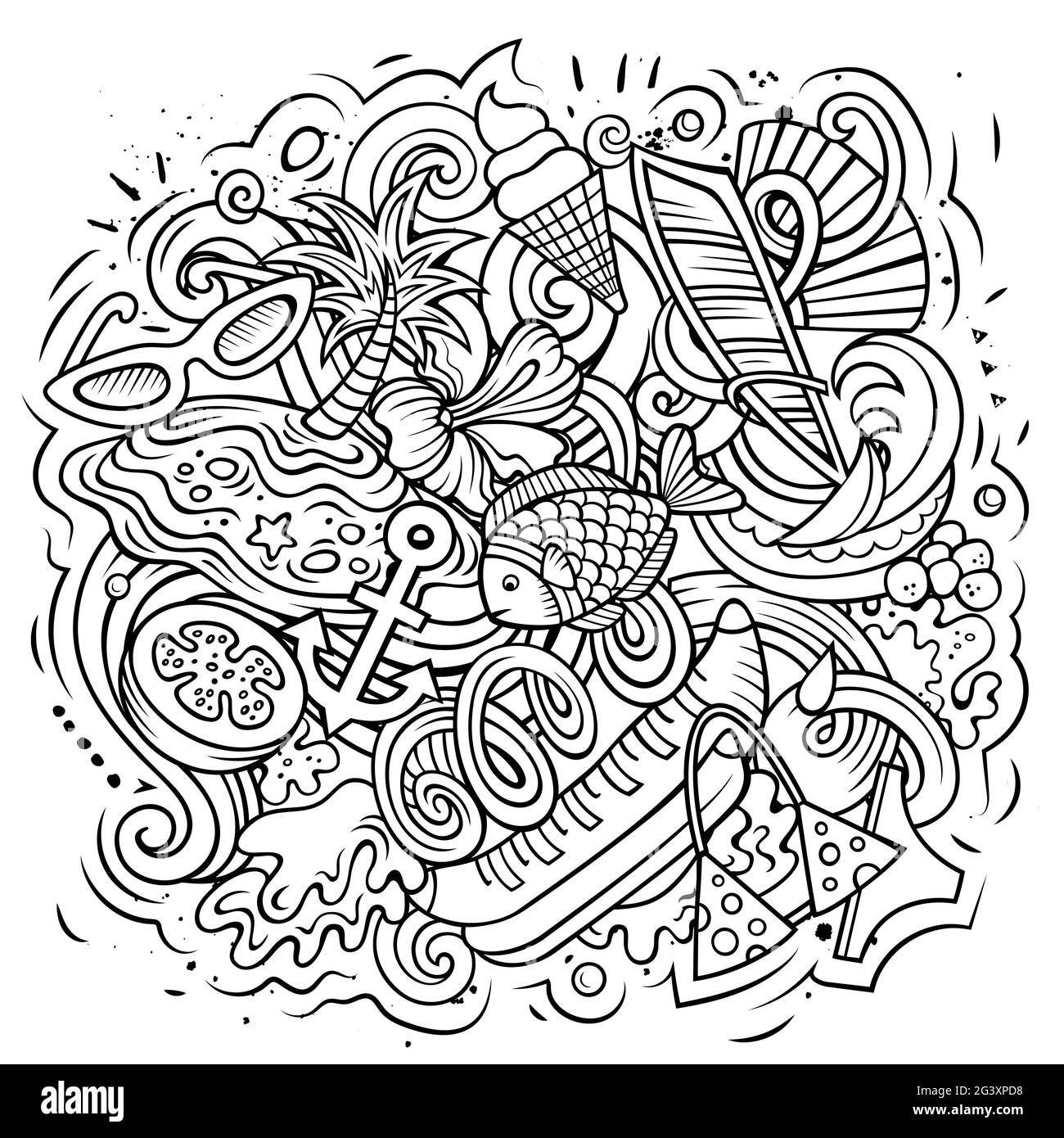 Estate spiaggia vettore doodles illustrazione. Elementi del periodo estivo e oggetti sfondo cartoon. Un'immagine divertente e di schizzo. Tutti gli elementi sono separati Illustrazione Vettoriale