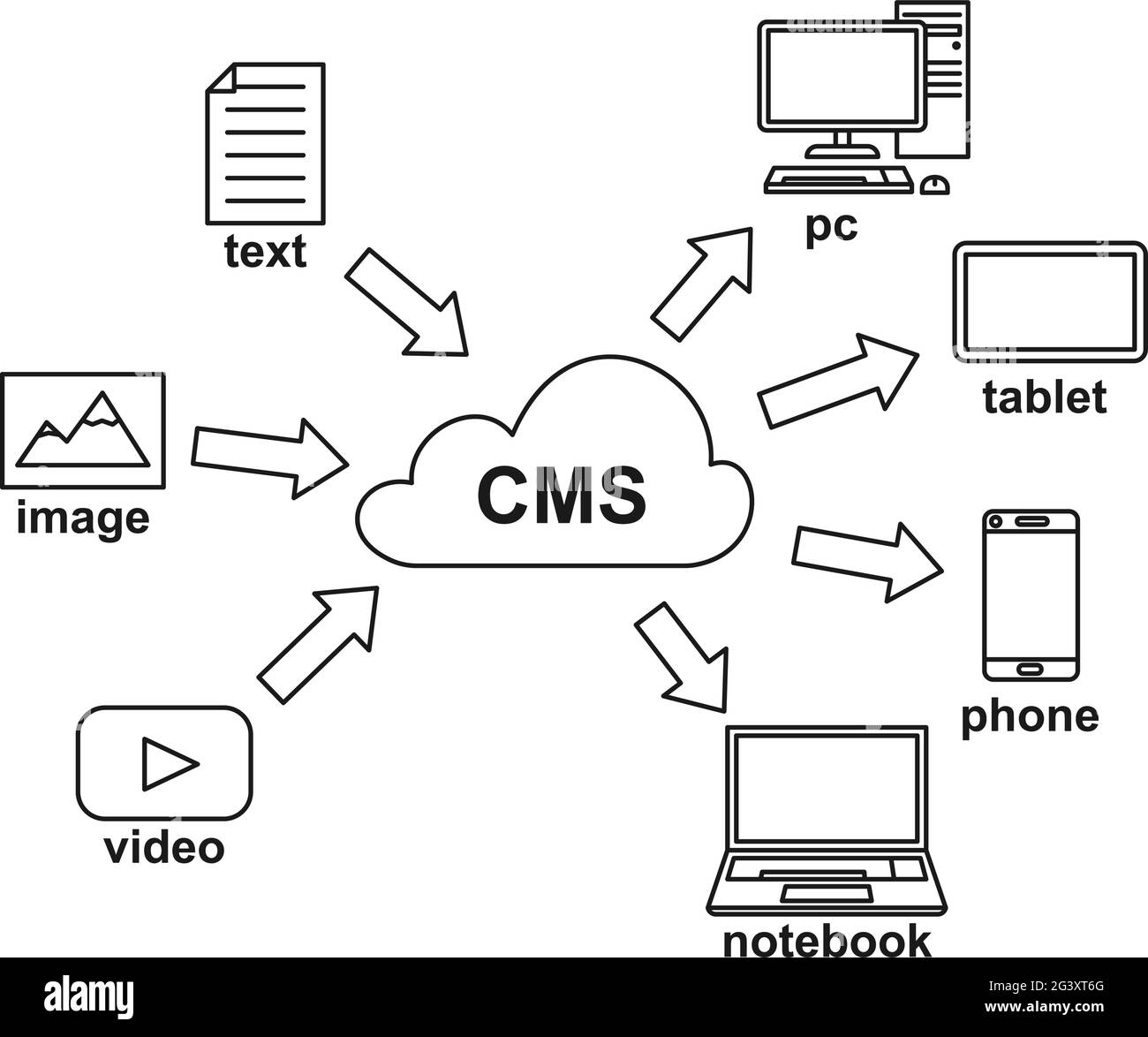 Infografica line art in bianco e nero su database cloud CMS. Illustrazione vettoriale monocromatica per sito, banner, poster, opuscolo, icona o set di elementi. Illustrazione Vettoriale