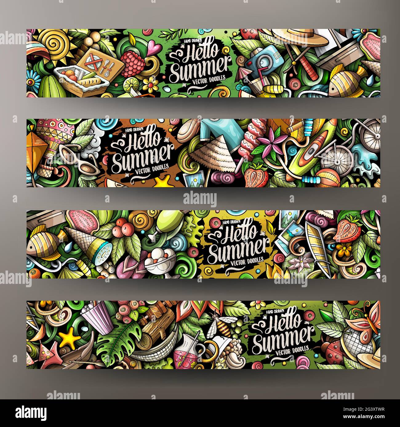 Cartoon vettore doodle set di modelli di banner estivi. Identità aziendale per l'utilizzo su app, branding, volantini, web design. Divertenti illustri colorati Illustrazione Vettoriale