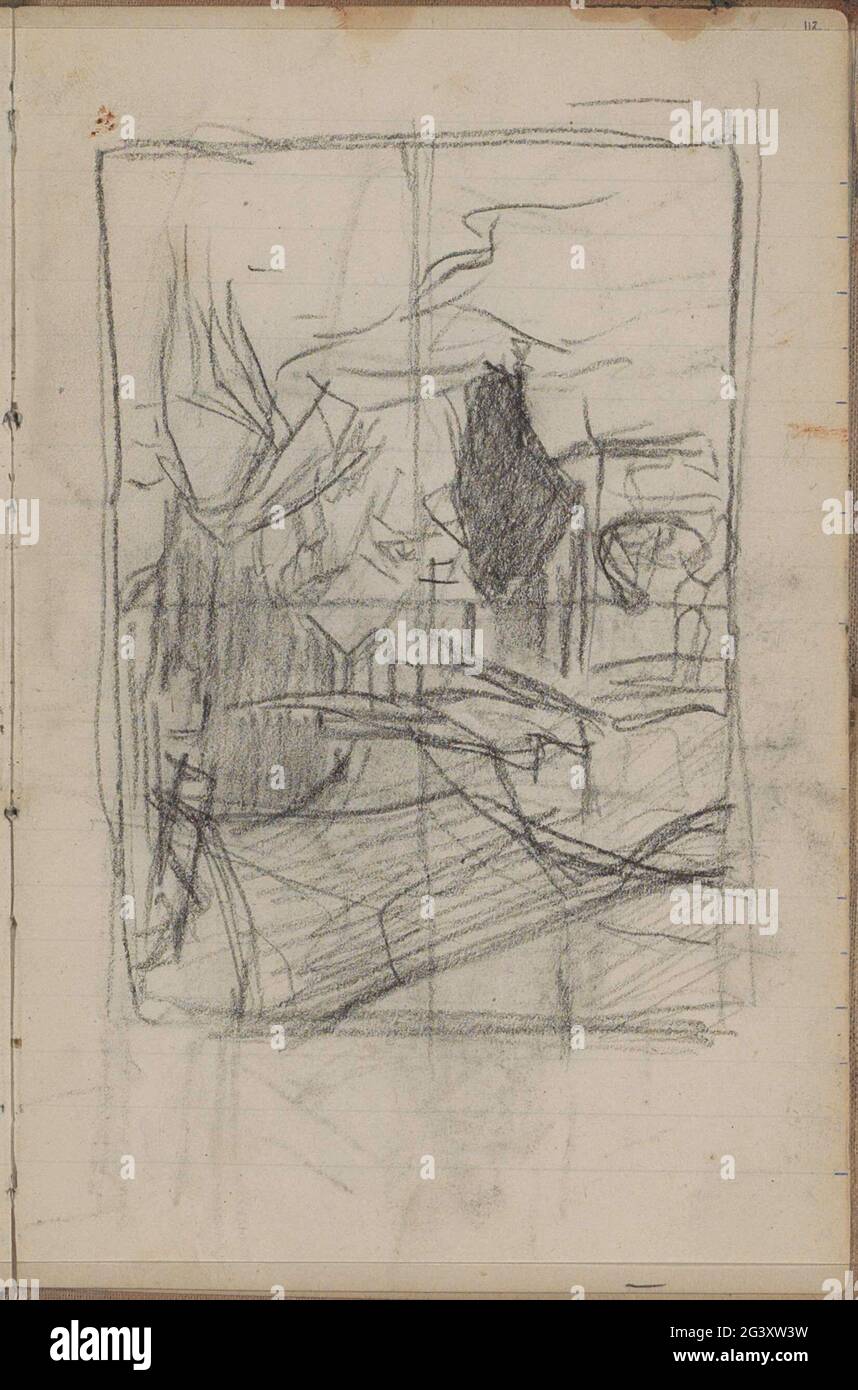 Figura su una strada. Il disegno è condiviso in quattro per mezzo di una griglia. Pagina 112 da un libro di schizzo con 58 fogli. Foto Stock