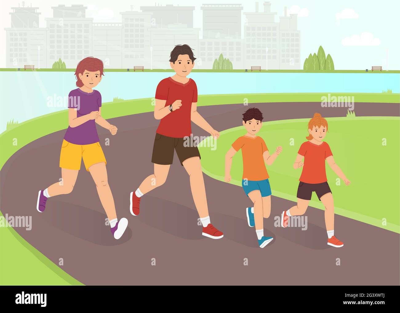 Una famiglia che fa jogging fuori della città. Una famiglia felice conduce uno stile di vita attivo. Illustrazione vettoriale delle attività all'aperto Foto Stock