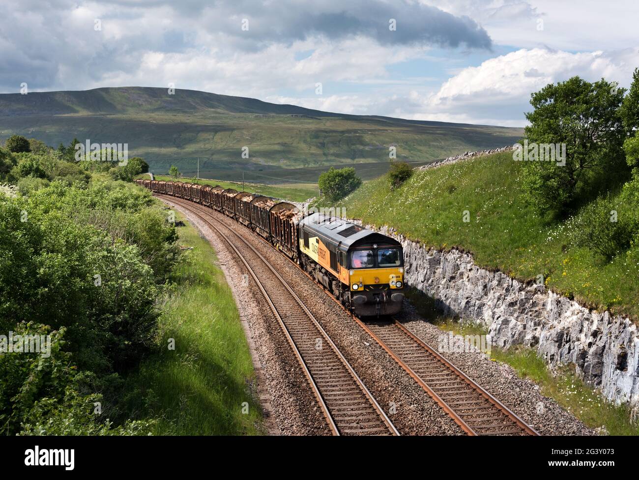 Un treno che porta tronchi sulla linea Settle-Carlisle nel Parco Nazionale delle Valli dello Yorkshire. Il treno si dirige verso le lavorazioni del legno a Chirk. Foto Stock