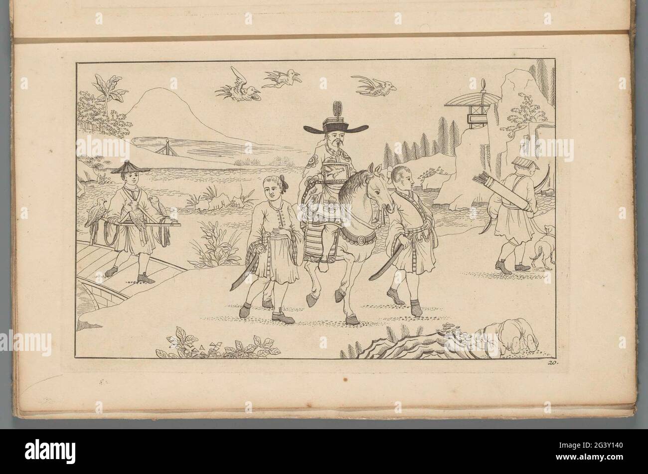 Chinese Lord a cavallo sulla caccia agli uccelli; nuovi sinesen inconvulsi con grande Moeyte complicato e dato in esso, da P. Schenk Jun (...), seconda parte. Paesaggio con un Signore cinese a cavallo, su entrambi i lati guida attraverso un servo. Sulla destra un cacciatore avanza con freccia e arco e cane da caccia. A sinistra un uomo su un ponte con rapaci su un cagie, una rastrelliera rettangolare che può essere indossata per trasportare uccelli da caccia nel campo. Stampa fa parte di un album. Foto Stock