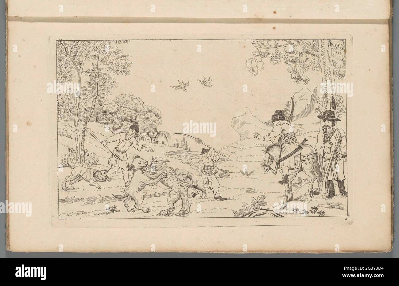 Paesaggio con la caccia di cani su un animale selvatico; Scene cinesi yacht; nuovo consigliato Sineesen, con grande Moeyte progettato e dato in esso, da P: Schenk Jun (...), terza parte. Un animale selvatico viene attaccato da cani da caccia. C'è un uomo con una lancia. A destra un pilota e un uomo in piedi con una pistola. Stampa fa parte di un album. Foto Stock