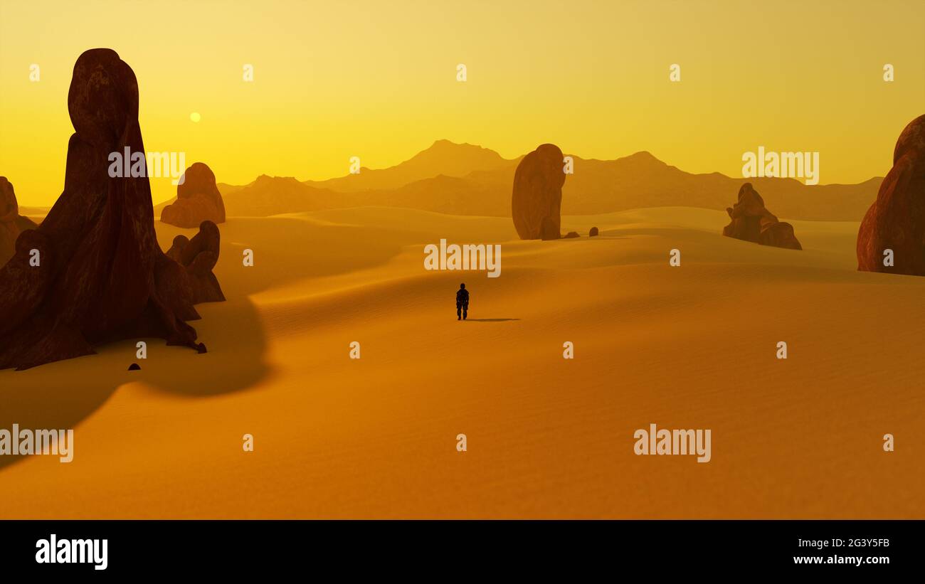 Uomo solitario nel deserto del tramonto Foto Stock