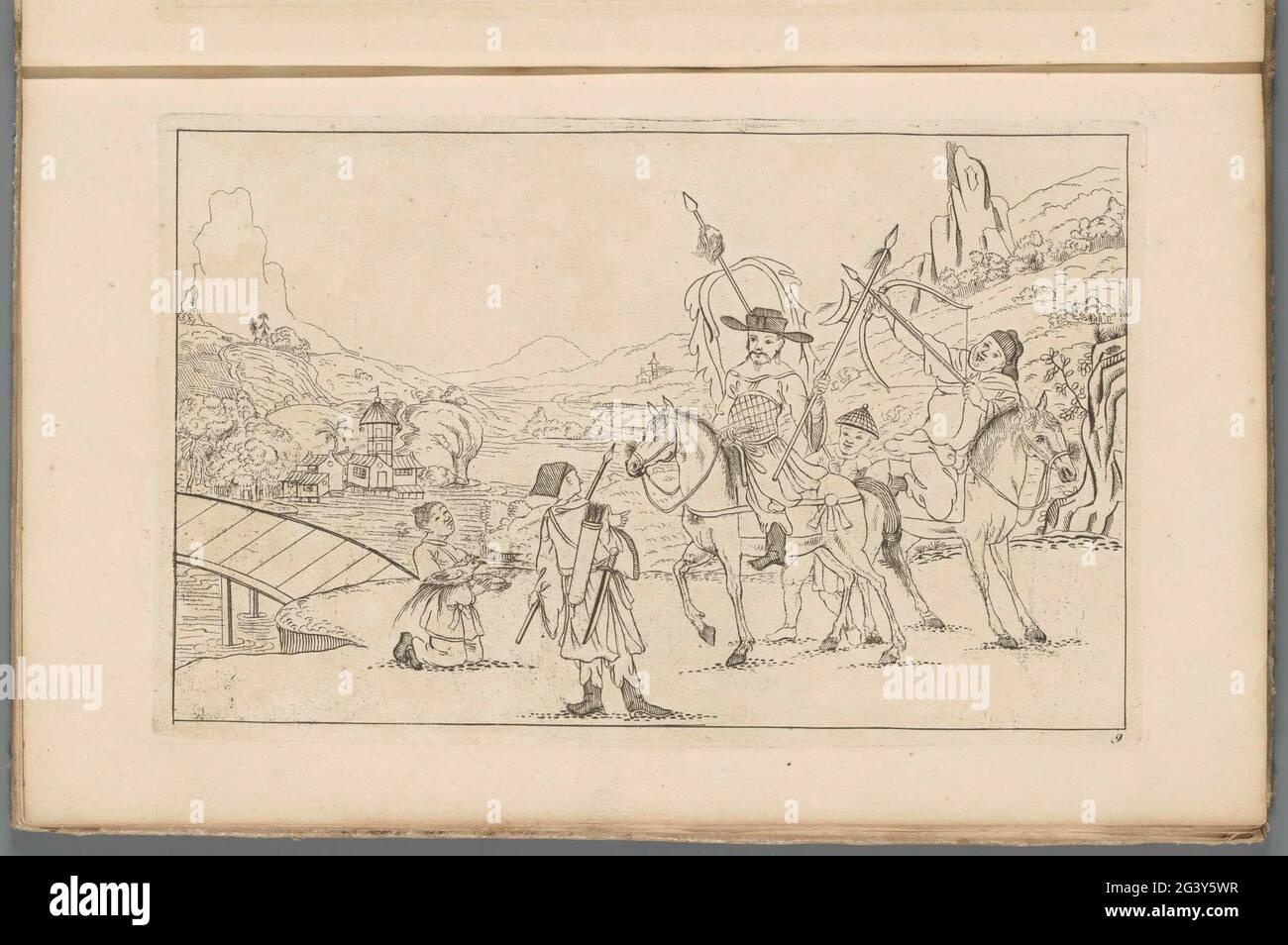 Cacciatori in un paesaggio; scene cinesi yacht; nuovo consigliato Sineesen, con grande Moeyte progettato e dato in esso, da P: Schenk Jun (...), terza parte. Paesaggio cinese con un gruppo di cacciatori. Un ricco signore è seduto con una lancia in mano a cavallo. A sinistra una figura inginocchiata con due uccelli. Stampa fa parte di un album. Foto Stock