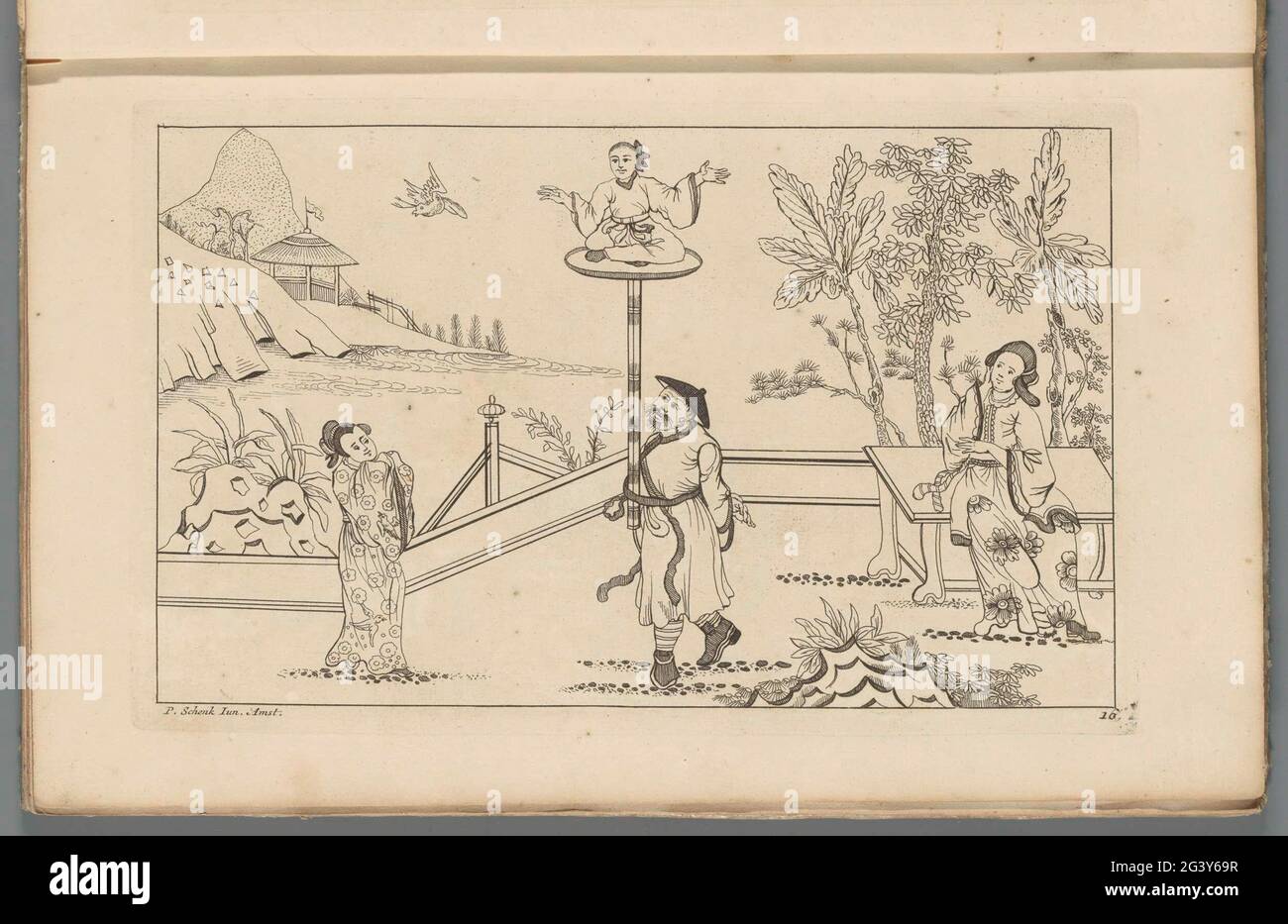 Paesaggio con figura in seduta su una piattaforma; nuovi seni incondati con grande Moeyte complicato e dato in esso, da P. Schenk Jun (...), seconda parte. Paesaggio cinese, al centro una figura in seduta su una piattaforma su un palo, legato ad un uomo in piedi. Le donne cinesi hanno dato la scena da entrambi i lati. Stampa fa parte di un album. Foto Stock