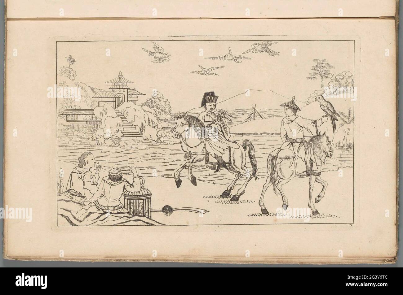 Yacht con uccelli di preda; Scene cinesi yacht; nuovo consigliato Sineesen, con grande Moeyte progettato e dato in esso, da P: Schenk Jun (...), terza parte. Paesaggio cinese con due piloti con uno yacht o un uccello di preda sulla mano. Collega due figure con una gabbia di uccelli. Stampa fa parte di un album. Foto Stock
