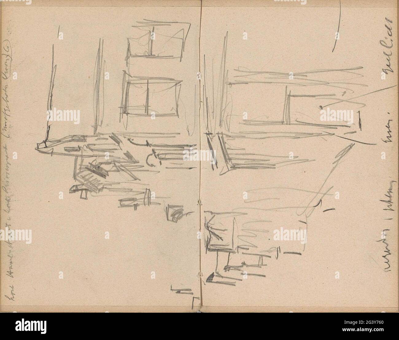 Vista all'angolo tra Haarlemmerstraat e il Korte Prinsengracht ad Amsterdam. Vista all'angolo tra Haarlemmerstraat e il Korte Prinsengracht ad Amsterdam. Pagina 37 e pagina 38 da un libro di schizzi con 46 fogli prodotti ad Amsterdam e Haarlem. Foto Stock