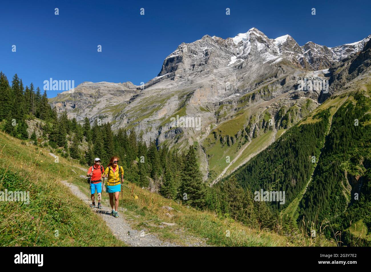 Trekking uomo e donna con Jungfrau sullo sfondo, Obersteinberg, Oberland Bernese, patrimonio mondiale dell'UNESCO Alpi svizzere Jungfrau-Aletsch, Bernese Foto Stock