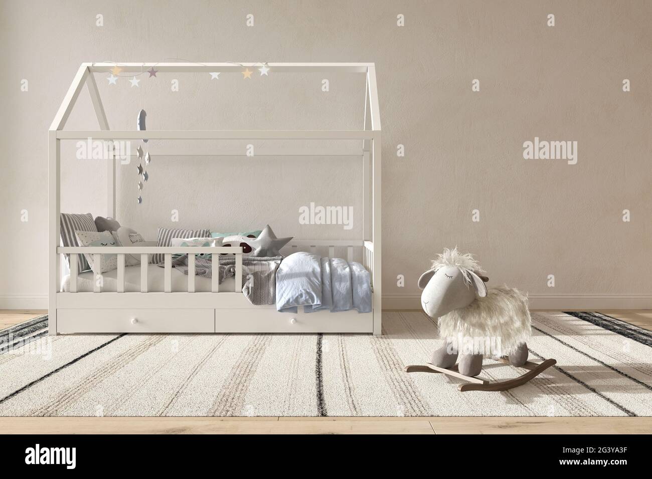 Interni per bambini in stile scandinavo. Fallo sullo sfondo della parete. Bambini stile casa colonica 3d rendering illustrazione camera da letto. Foto Stock