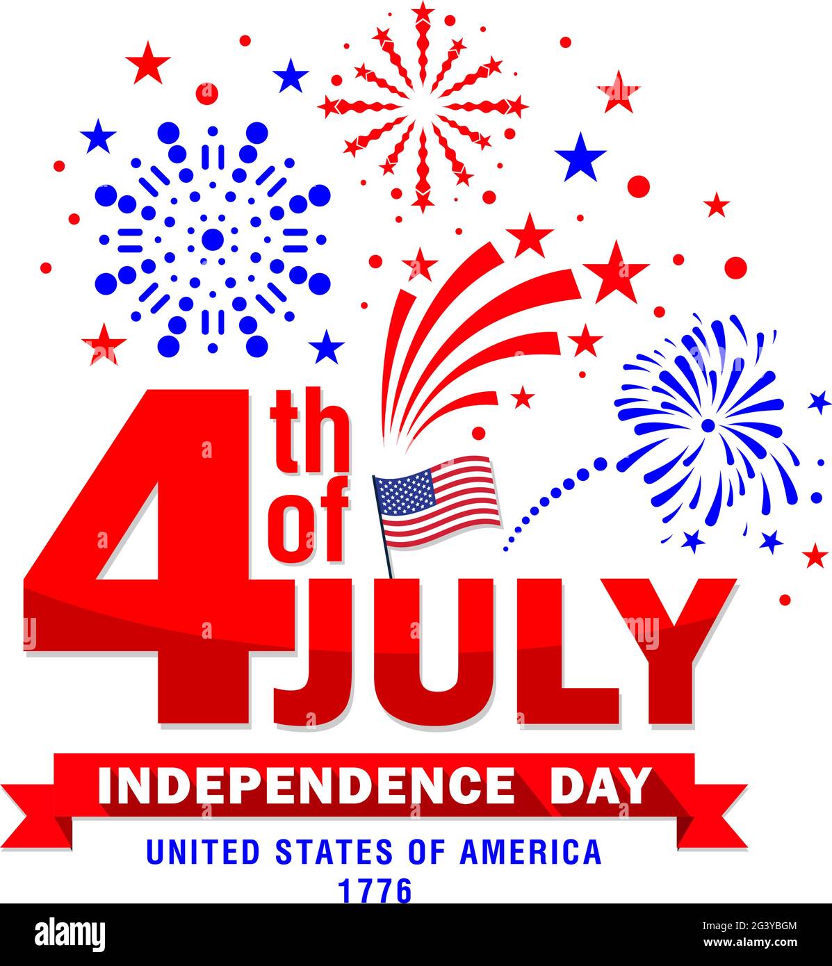 Il quarto luglio della giornata dell'indipendenza degli Stati Uniti. Illustrazione vettoriale a colori della bandiera americana. Stelle e strisce, fuochi d'artificio, salutare su sfondo trasparente Illustrazione Vettoriale