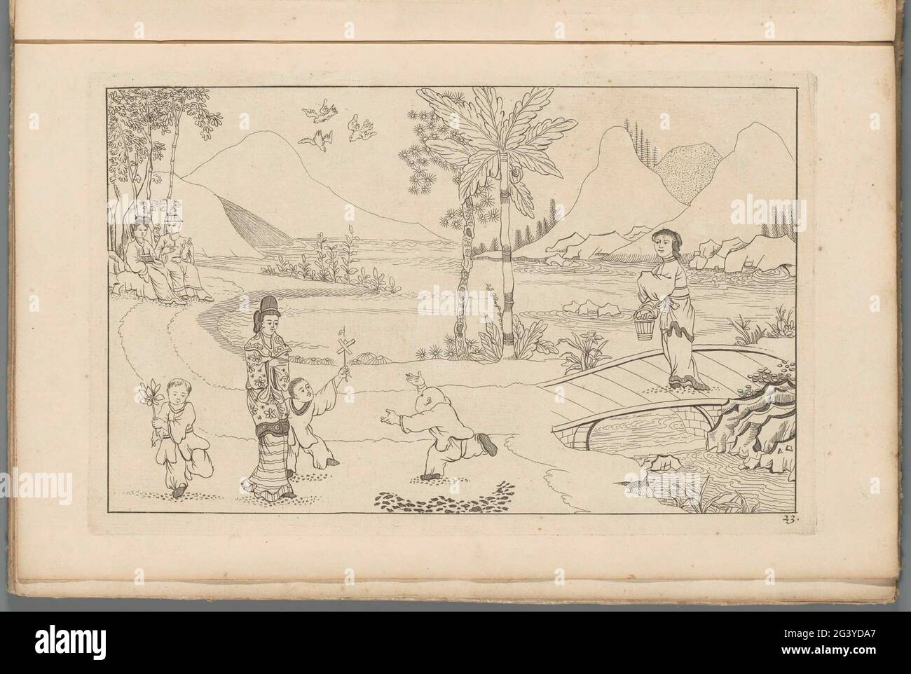 Paesaggio cinese con bambini che giocano; nuovi sinesen inconvested con grande Moeyte complicato e dato in esso, da P. Schenk Jun (...), seconda parte. Paesaggio cinese con una donna e tre bambini che giocano. Sulla destra una donna su un ponte. Stampa fa parte di un album. Foto Stock