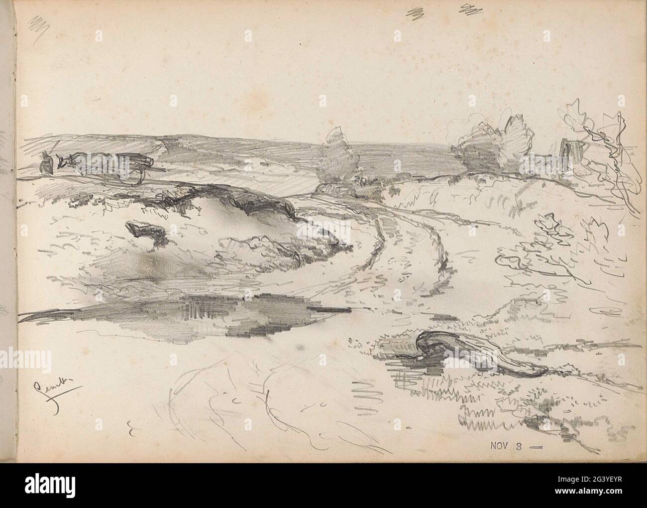 Paesaggio con carro di buoi a Genk. La foglia 25 recto da un libro di schizzo con 25 fogli. Foto Stock