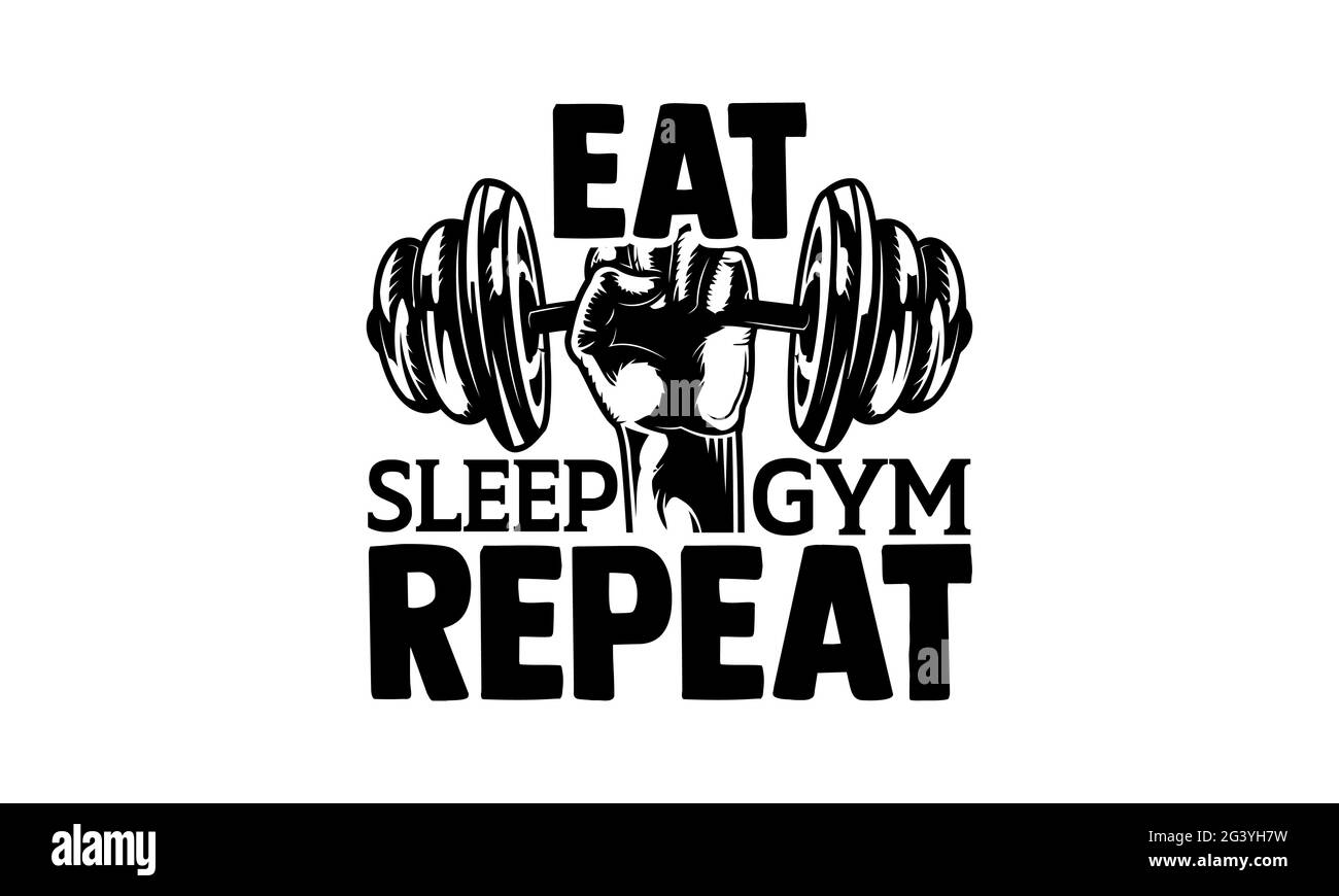 Mangiare sonno palestra ripetere - Salute mentale t shirt design, frase scritta disegnata a mano, Calligraphy t shirt design, isolato su sfondo bianco, svg Foto Stock