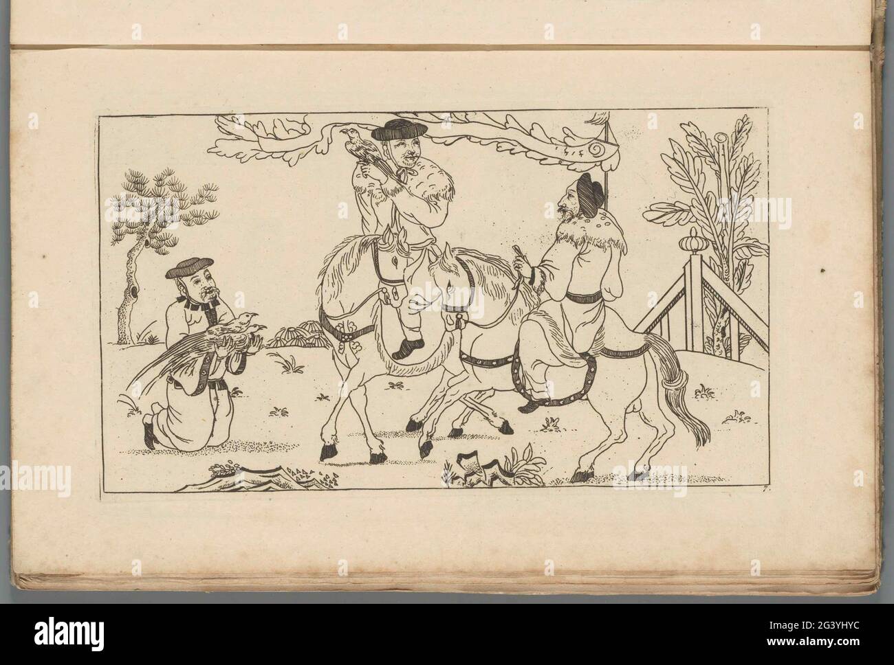 Paesaggio cinese con due piloti; nuovo sinesen convertito, con grande Moeyte progettato e dato in esso, da P: Schenk Jun (...), prima parte. Due piloti, l'uomo a sinistra con un uccello a portata di mano, l'uomo a destra con una bandiera. A sinistra un uomo inginocchiato con due uccelli tra le braccia. Stampa fa parte di un album. Foto Stock