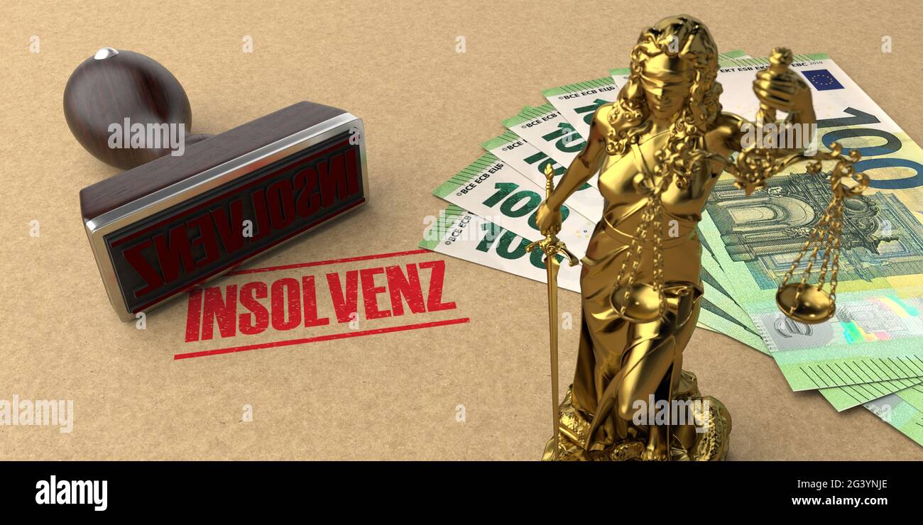 Francobollo Insolvenz Lady Justice statue Euro Note Foto Stock
