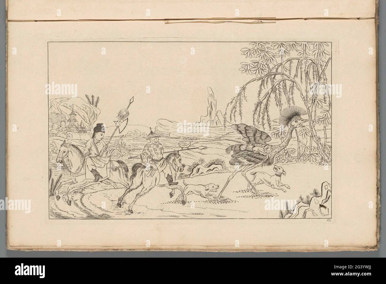 Paesaggio con caccia allo struzzo; scene cinesi yacht; nuovo consigliato Sineesen, con grande Moeyte progettato e dato in esso, da P: Schenk Jun (...), terza parte. Paesaggio cinese con due cavalieri a caccia con lance e cani da caccia su uno struzzo. Stampa fa parte di un album. Foto Stock