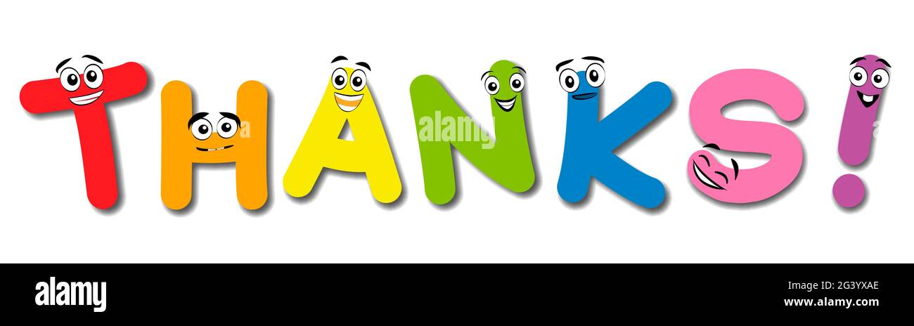 GRAZIE! Le lettere comiche con i volti pieni di ridere e carino - illustrazione su sfondo bianco. Foto Stock