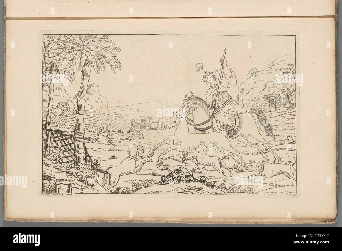 Caccia per un animale di zoccoli; Scene cinesi yacht; nuovo consigliato Sineesen, con grande Moeyte progettato e dato in esso, da P: Schenk Jun (...), terza parte. Paesaggio cinese con un cacciatore che fa una caccia con lancia e cani da caccia su un hoofdier, forse un cervo. Stampa fa parte di un album. Foto Stock