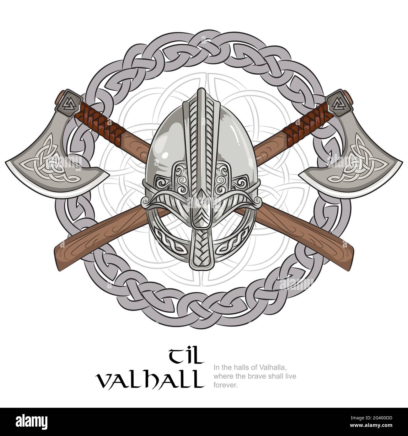 Casco vichingo, assi vichinghi incrociati e in una corona di motivi scandinavi Illustrazione Vettoriale
