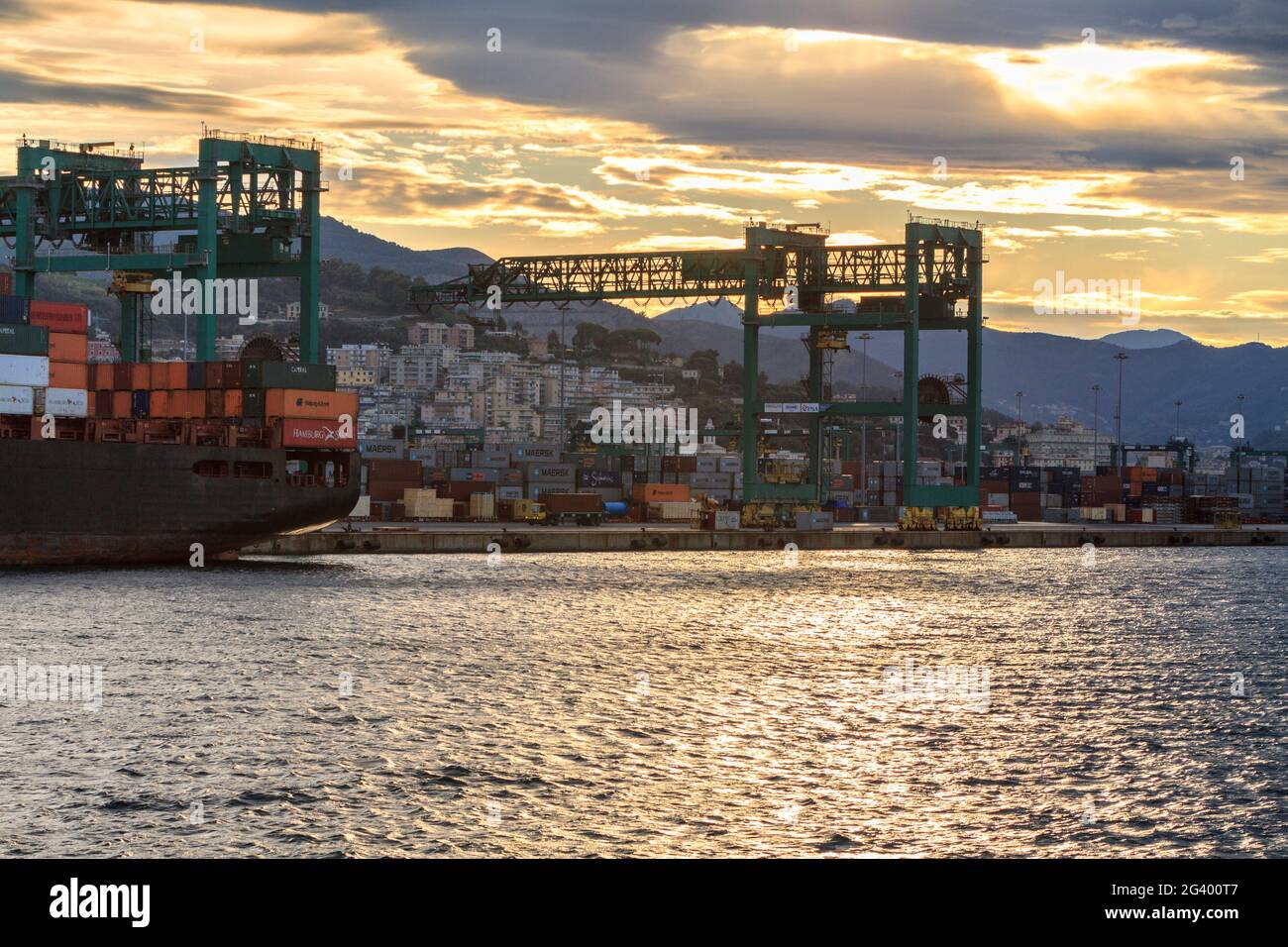 Vista del porto di Genova Prà-Voltri con navi portacontainer e gru Foto Stock