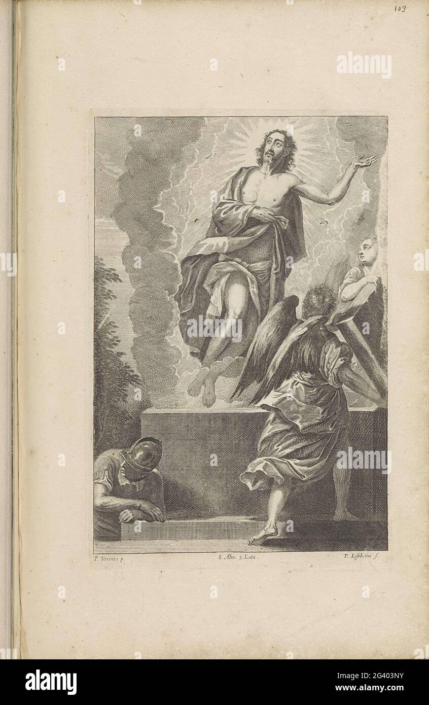 Risurrezione di Cristo. Cristo sorge dalla tomba, aperta da due angeli. Svegliare soldato per la Tomba. Questa stampa fa parte di un album. Foto Stock