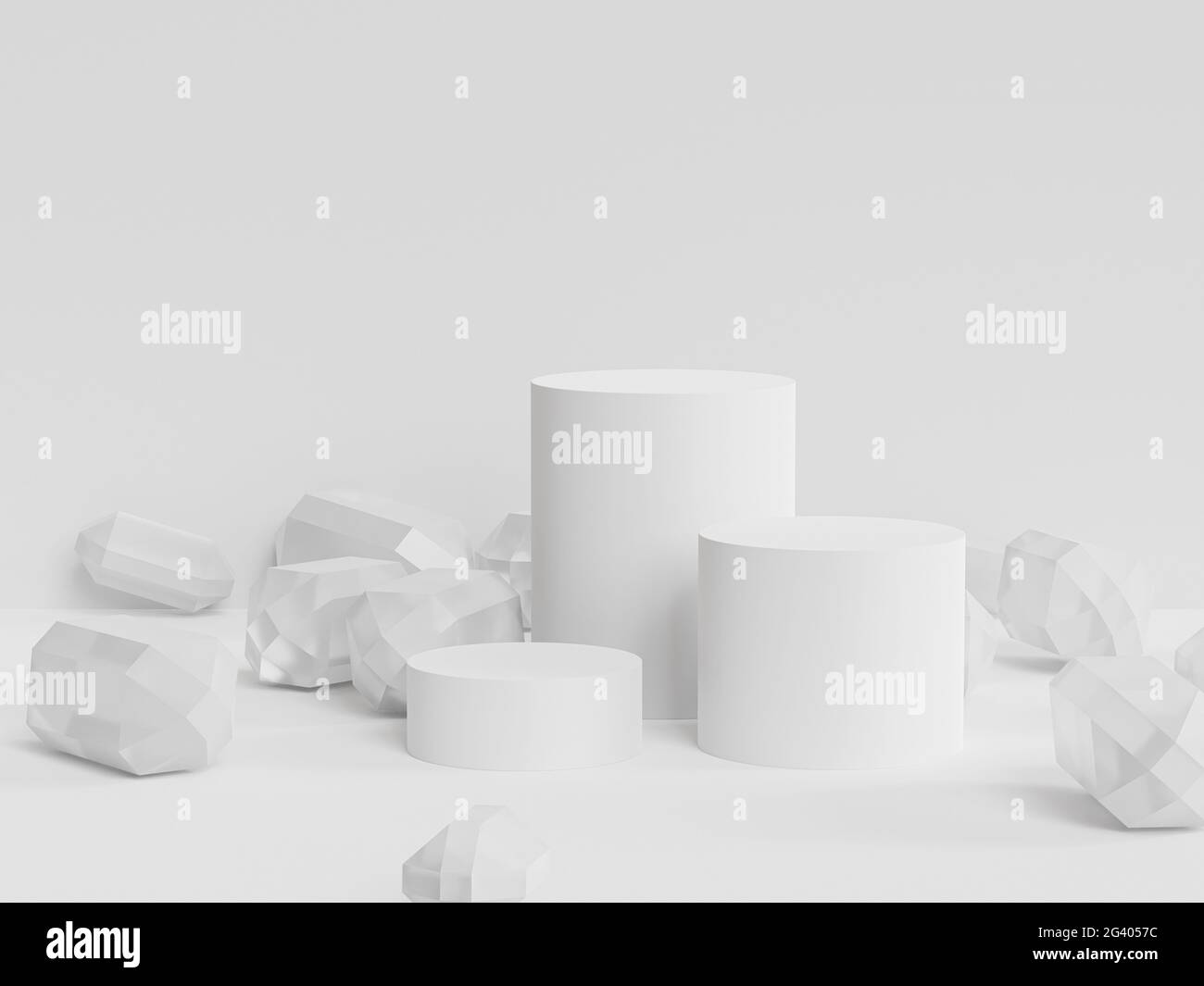 Podi o piedistallo per prodotti o pubblicità con cristalli su sfondo bianco, rendering 3d minimo Foto Stock