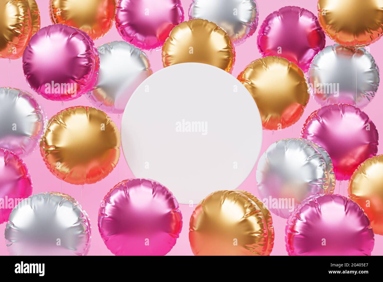 Palloncini colorati con spazio per la copia, sfondo rosa per feste, compleanni, feste o feste, rendering 3D realistico Foto Stock