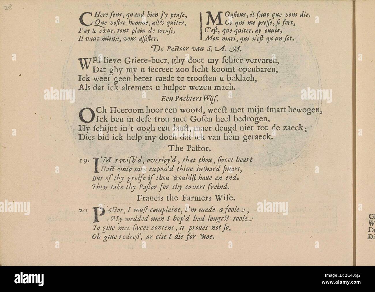 Quatters per le prestazioni di un pastore e di una donna contadina; Les Abus du Mariage. Tre volte due quatrine in francese, olandese e inglese con rappresentazioni di un pastore e di una donna contadina. La rivista fa parte di un album. Foto Stock