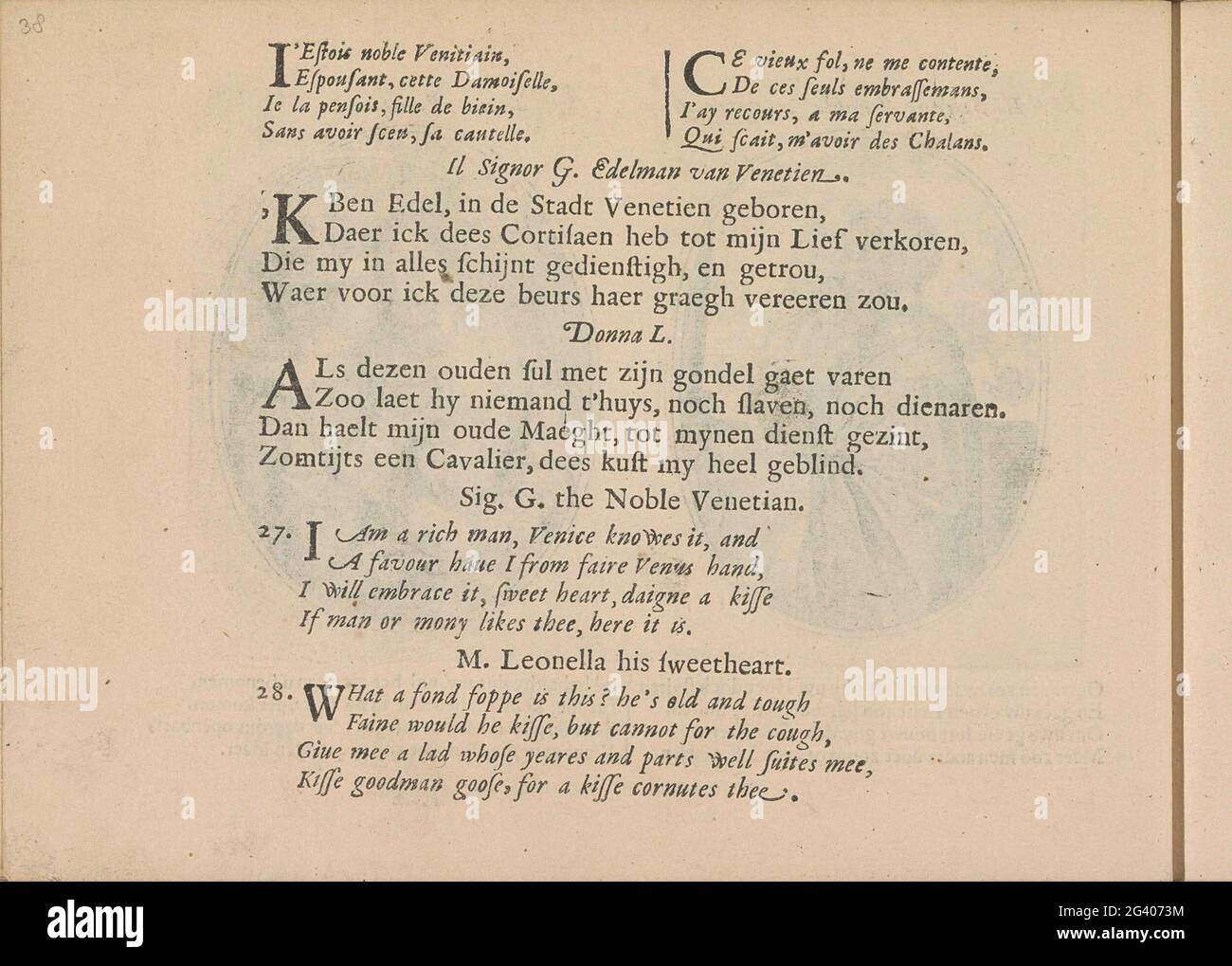 Quattrici per le esibizioni di un nobile di Venezia e di sua moglie Leonella; Les Abus du Mariage. Tre volte due quaterrine in francese, olandese e inglese con rappresentazioni di un nobile di Venezia e di sua moglie Leonella. La rivista fa parte di un album. Foto Stock