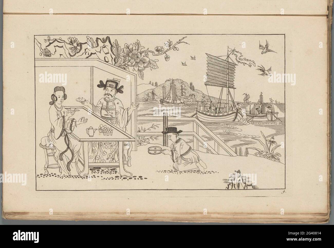 Paesaggio con un uomo e una donna che beve il tè; nuovo sinesen convertito, con grande Moeyte progettato e dato in esso, da P: Schenk Jun (...), prima parte. Paesaggio con collegamenti un uomo e una donna che beve il tè a tavola. Collega un impiegato inginocchiato. Sullo sfondo navi sull'acqua. Stampa fa parte di un album. Foto Stock