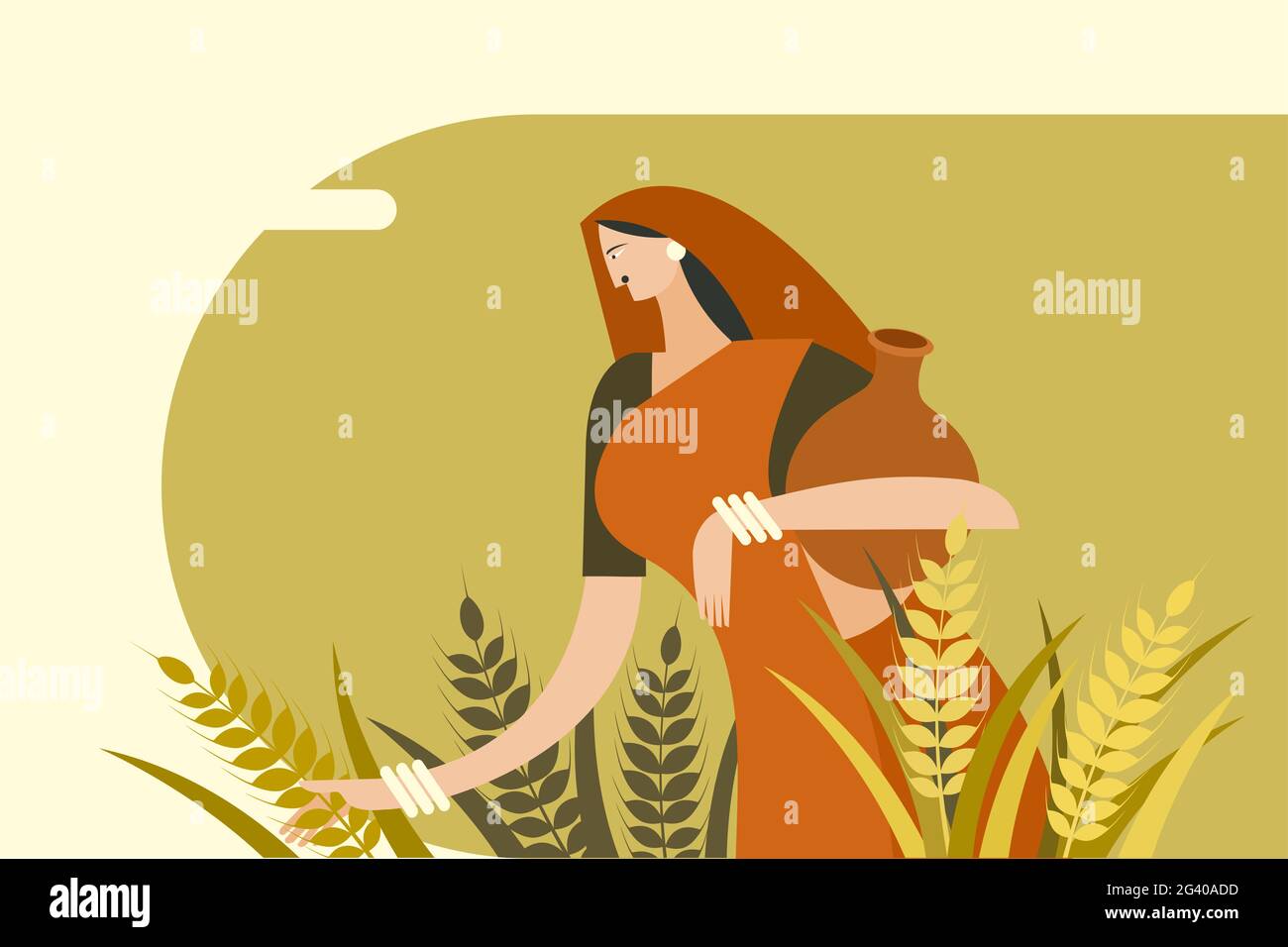 Donna rurale indiana che porta vaso d'acqua in piedi in un campo di grano Illustrazione Vettoriale