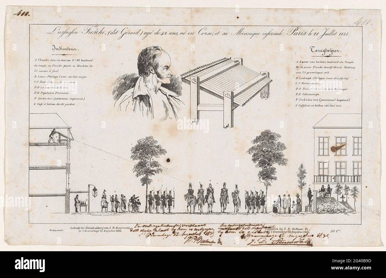 Attacco di Giuseppe Marco Fieschi e della sua macchina infernale al re francese Luigi Filippo, 1835; l'Assassin Fieschi, (questo Gerard) Agé de 42 Ans (...) et SA Mécanique Infernale. Parigi le 28 Juillet 1835. Attacco alla vita del re francese Luigi Filippo a Parigi da parte del corso Giuseppe Marco Fieschi e della sua macchina infernale, 28 giugno 1835. In alto un ritratto di Fieschi accanto alla sua macchina su cui sono state attaccate 25 pistole. Di seguito è riportata una rappresentazione schematica della casa da cui Fieschi ha avuto i suoi incendi a macchina sul re francese e la sua conseguenza. Legendas A-G in francese e olandese. Foto Stock