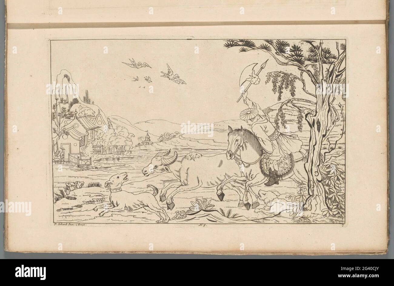Paesaggio cinese con caccia al toro; scene cinesi yacht; nuovo consigliato Sineesen, con grande Moeyte progettato e dato in esso, da P: Schenk Jun (...), terza parte. In un paesaggio fa un uomo seduto su un cavallo con una caccia di ascia per un toro. Al centro di numerati: 5. Prent fa parte di un album. Foto Stock