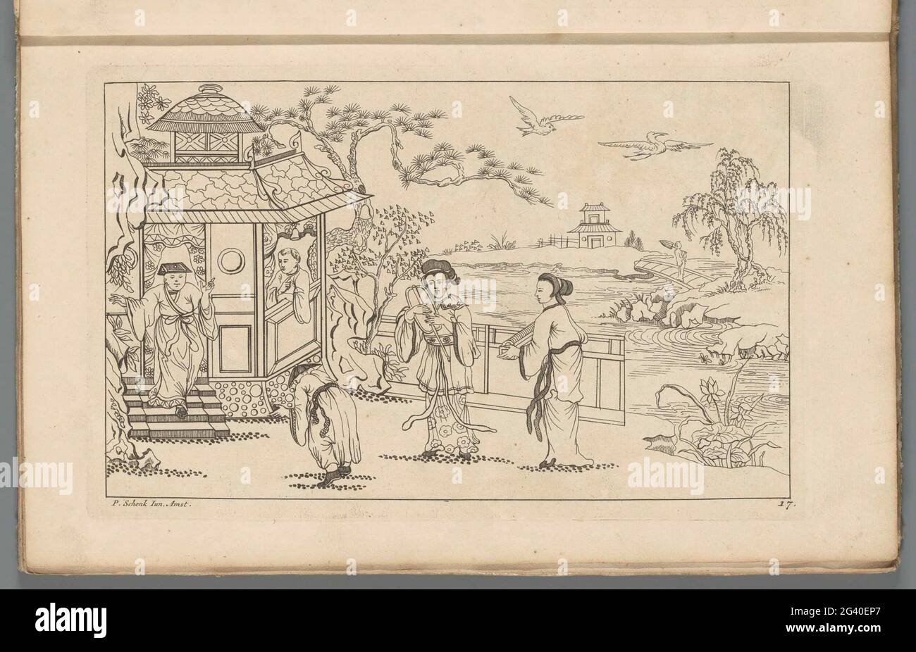Paesaggio con un edificio a sinistra; nuovi seni incongestionati con grande Moeyte complicato e dato in esso, da P. Schenk Jun (...), seconda parte. Paesaggio cinese con un edificio con un uomo sulle scale. Un uomo si piega per questo uomo. Due donne sulla destra. Stampa fa parte di un album. Foto Stock