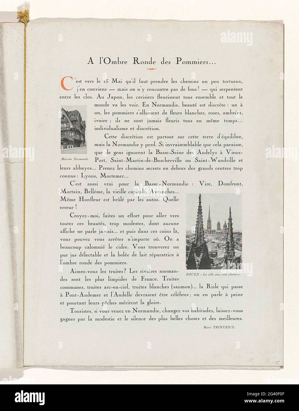 Arte - gusto - bellezza, volantini di eleganza femminile, 1931 maggio, n° 129, 11° anno, pag. 35. TEKST 'UN ROUND OBRE DI PONNIERS ...' TWEE AFBEELDINGEN VAN 'Norman House' in 'Rouen - la città con cento campanili.'. Pagina uit Het modetijdschrift Arte-gusto-bellezza (1920-1933). Foto Stock