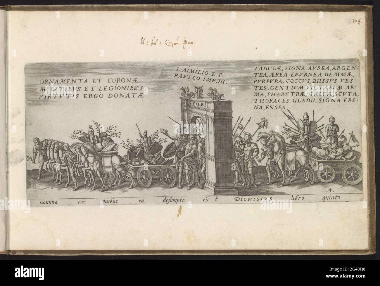 Processione trionfale con carri a balzo di guerra sotto un arco trionfale; Nomina ex Quumbus EA Desumpta Est Dionisius Libro Quinto; trionfi romani; Amplissimi Ornatißimiq Triumphi, UTI. Pavlvs de Rege Macedonum Perse Capto, P. Africanus Aemilianus de Carthage: Nensibus Excisis. C N. Pompeo Magnus ex Oriente, Giulio Agosto: Tu, Vespasiano (...). Processione di carri con rimbalzo di guerra che vengono tirati da cavalli. La processione continua sotto un arco trionfale. Titolo in latino in undermarge. Stampa fa parte di un album. Foto Stock