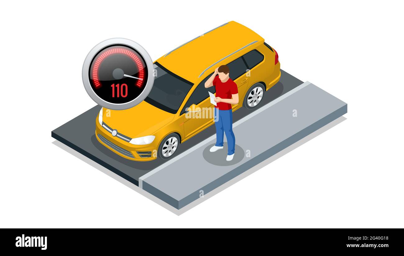 Concetto isometrico di addebito di polizia per l'accelerazione o la legge sulla circolazione stradale offesa.norme di sicurezza stradale. Illustrazione Vettoriale