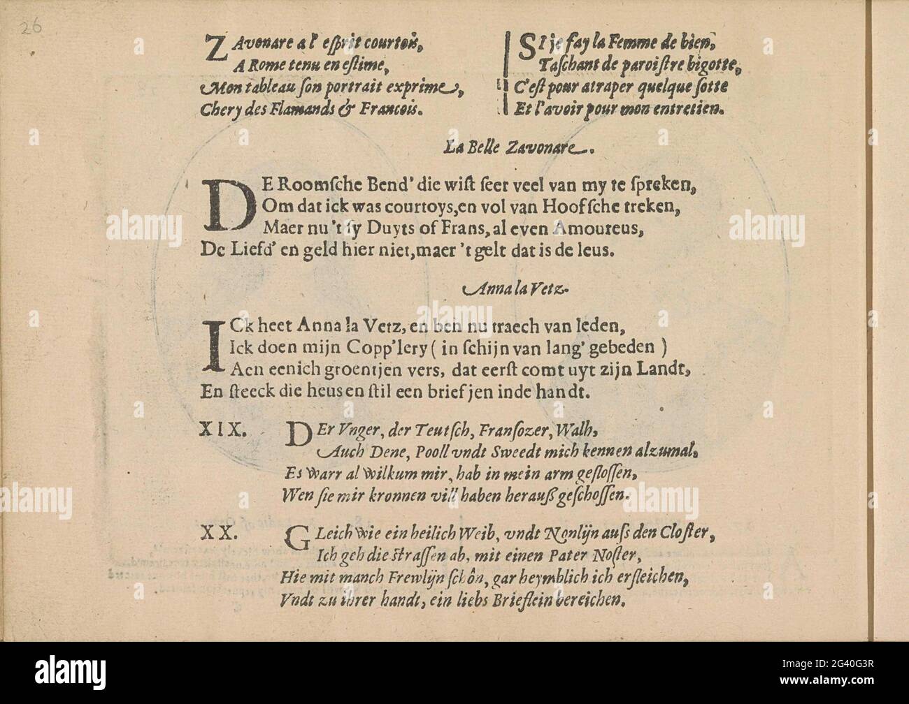 Quattrs ai ritratti dei Courtisanes chiamato la Belle Zavonare e Anna la Vetz; Miroir des Plus Belles Courtisanes i Temps CE. Tre volte due quatrine in francese, olandese e tedesco ai ritratti dei Courtisanes la Belle Zavonare e Anna la Vetz. La rivista fa parte di un album. Foto Stock