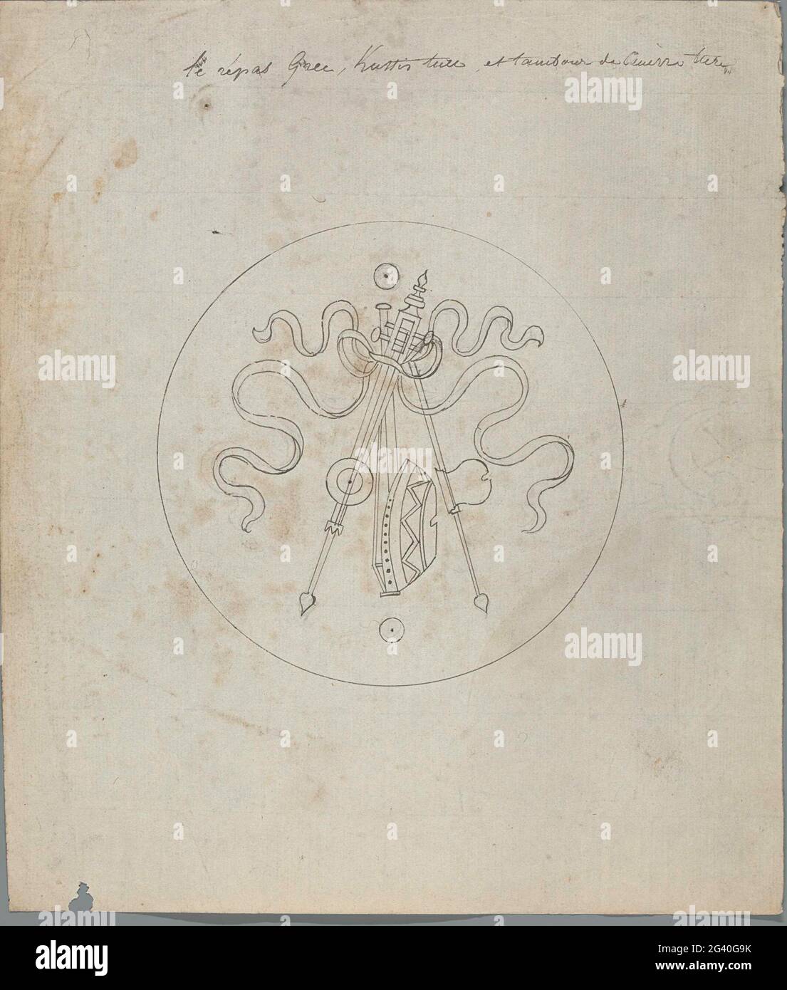 Le Repas [?] GREC, Kuttis [?] TURC ET Tambour de Guerre Turc; progettazione di marchetterie di strumenti musicali appesi a nastri in circa medaglione. Uno dei 103 disegni per marchette di nastri appese strumenti musicali in medaglioni rotondi, destinati al set di sedie realizzate da Van Doren per la Grande Sala del Palazzo del Principe d'Orange a Bruxelles nel 1828. Foto Stock