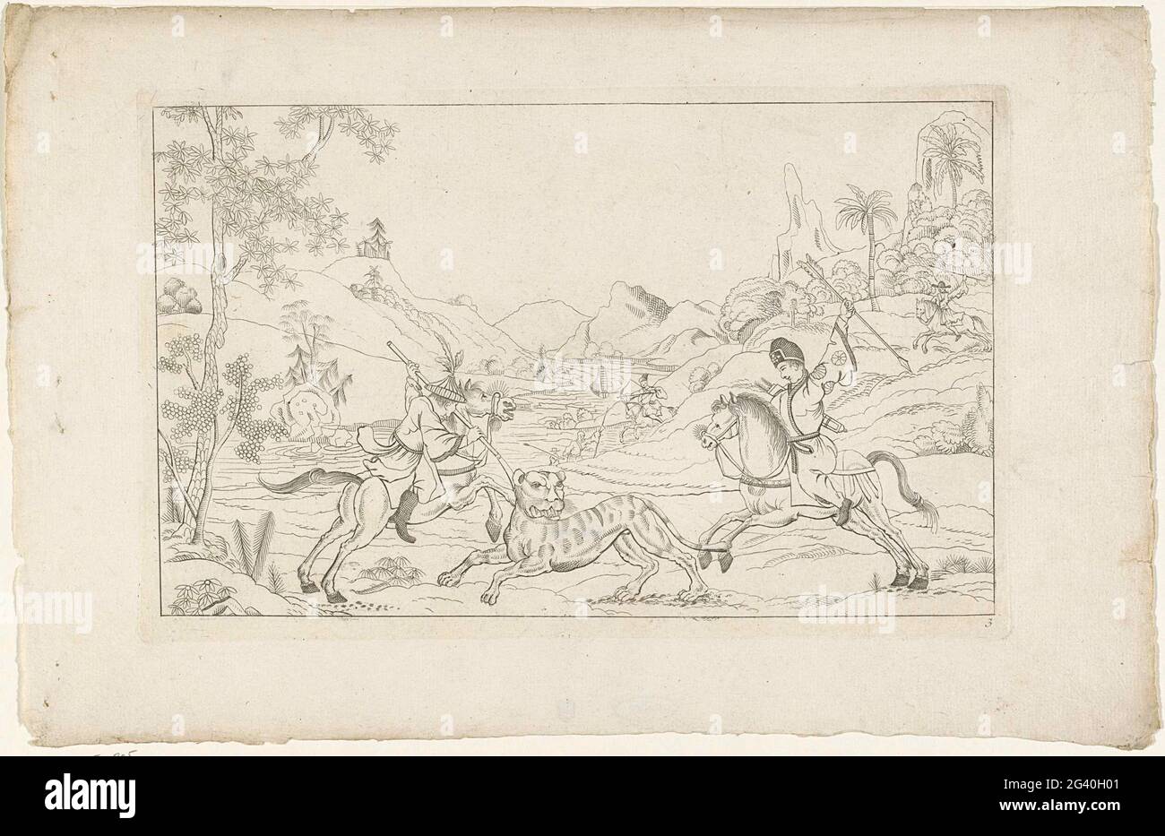 Paesaggio con la caccia su una tigre; Scene cinesi yacht; nuovi seni inconvessi con grande Moeyte firmato ed è dato in esso, da P. Schenk Jun (...), terza parte. Due uomini cinesi a cavallo a caccia di tigre o pantera. Foto Stock