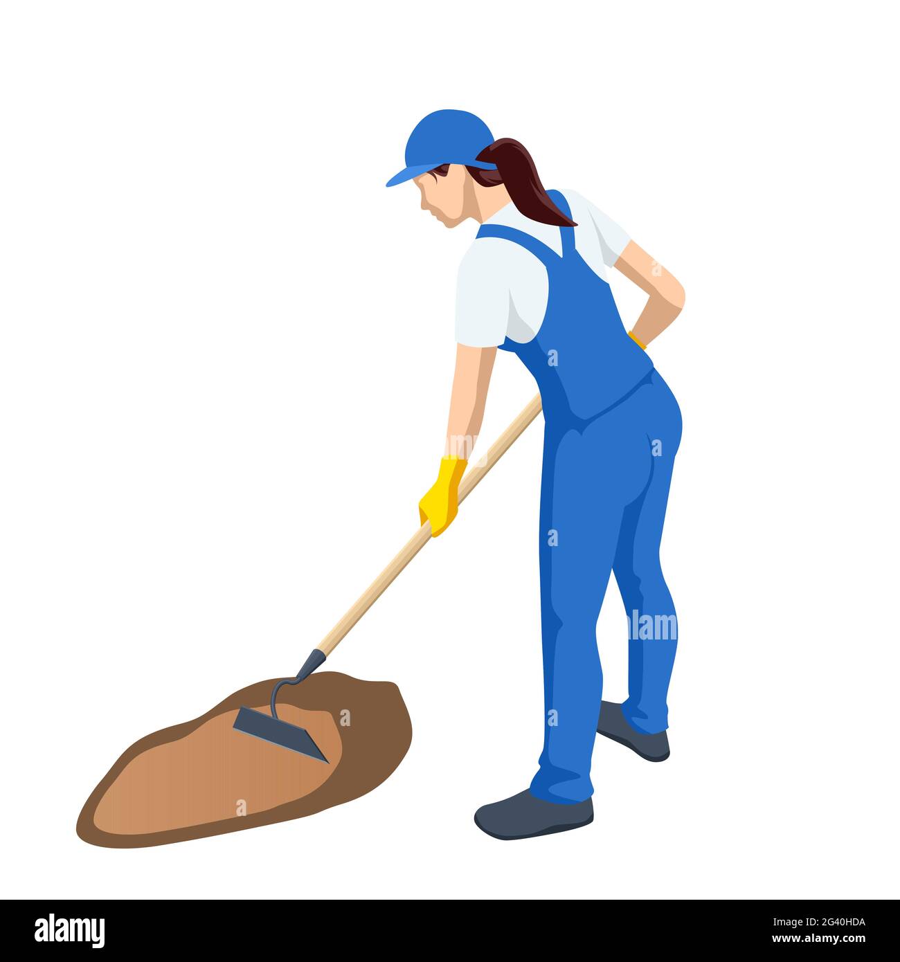 Lavoro agricolo. Donna che lavora in giardino con terreno di livellamento zappa. Preparazione del suolo per semina e piantagione, attrezzi da giardino, giardinaggio, zappa, suolo Illustrazione Vettoriale