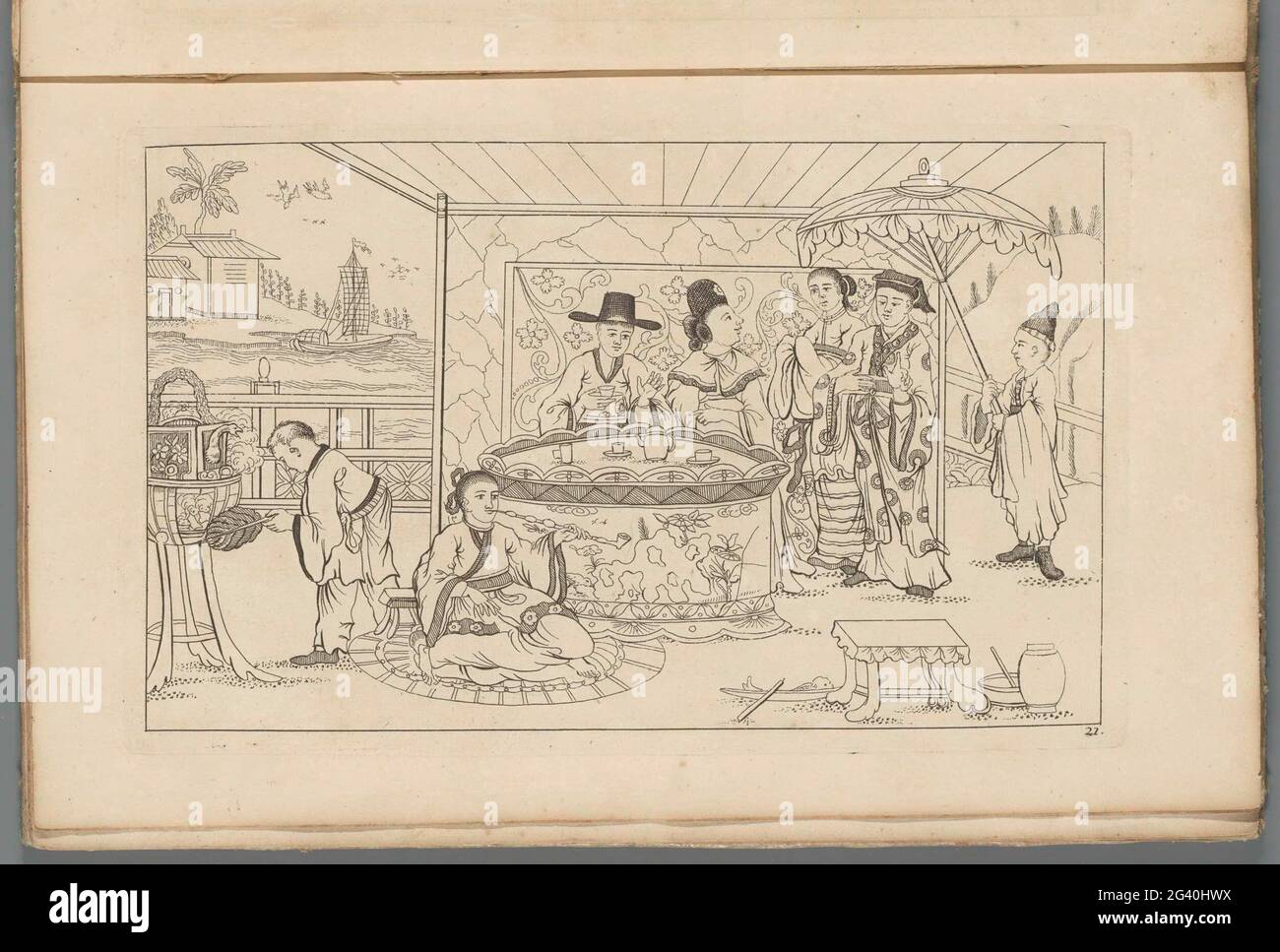 Figure cinesi intorno ad un tavolo da tè; nuovi seni incondati con grande Moeyte complicato e dato in esso, da P. Schenk Jun (...), seconda parte. Quattro figure cinesi intorno ad un tavolo con servizio di tè. A destra un servo con parasolo. In primo piano un uomo seduto sul terreno fuma pipe. Stampa fa parte di un album. Foto Stock