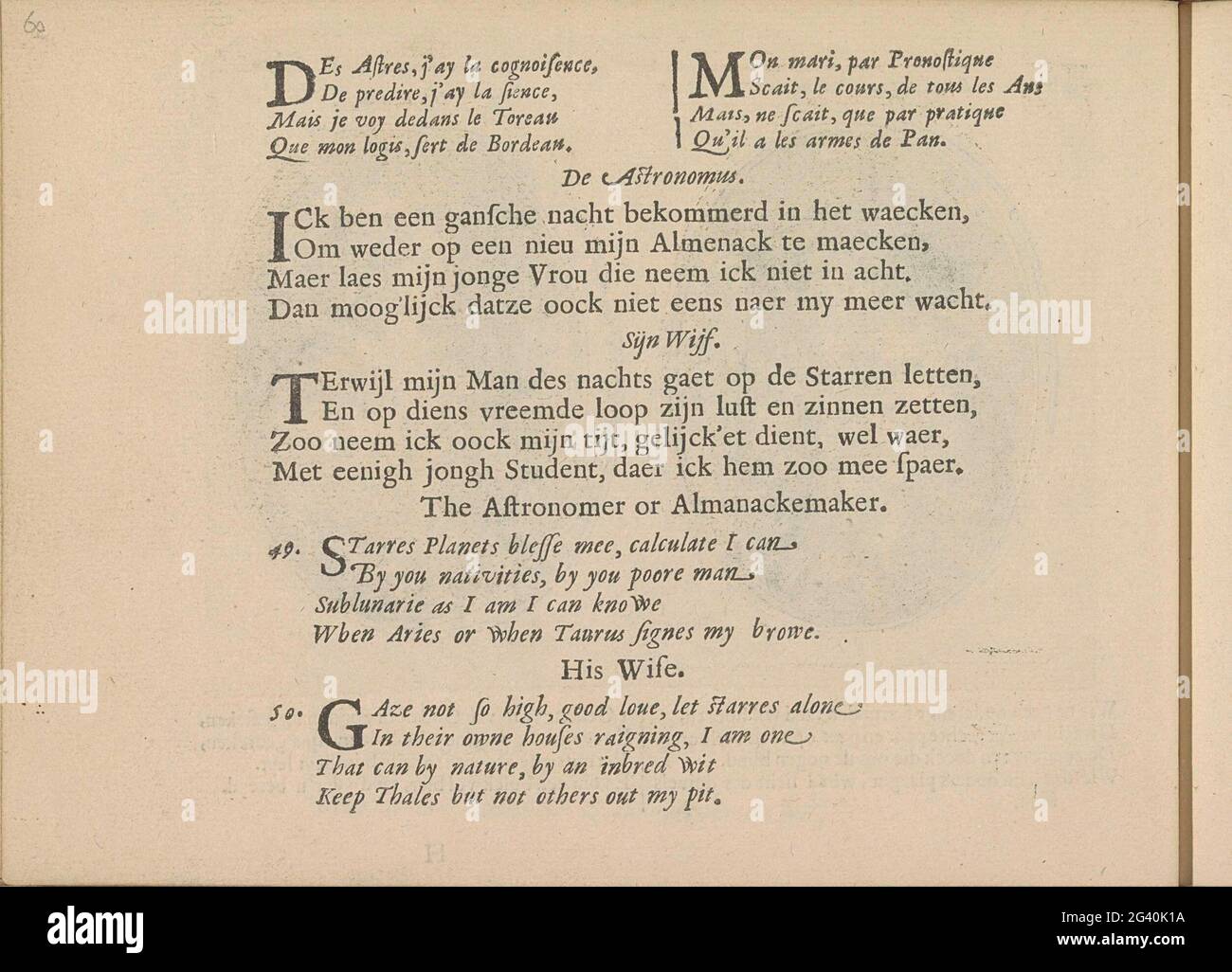 Quatters con rappresentazioni di un astronomo e sua moglie; Les Abus du Mariage. Tre volte due quatrini in francese, olandese e inglese con rappresentazioni di un astronomo e di sua moglie. La rivista fa parte di un album. Foto Stock