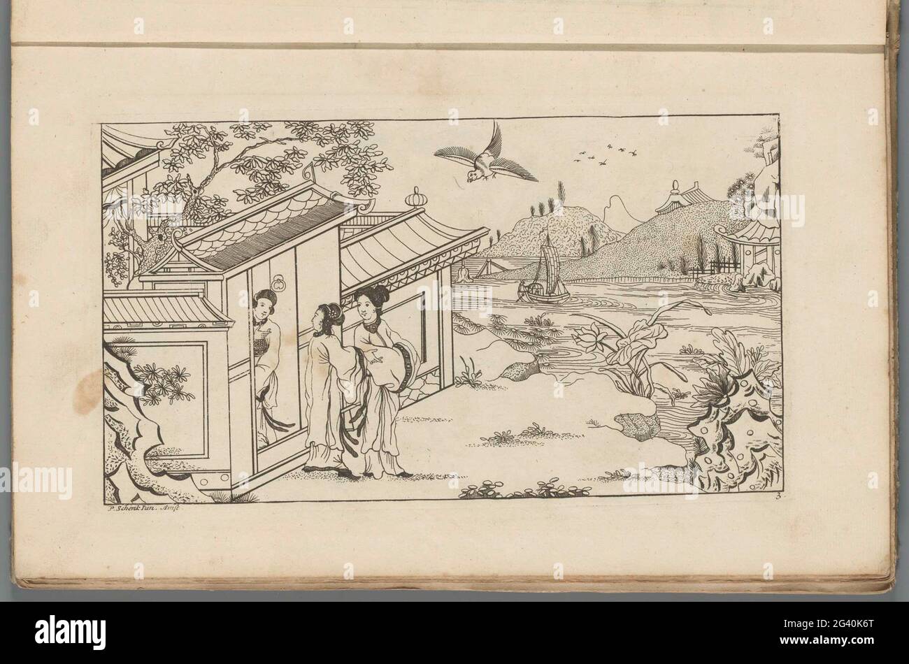 Paesaggio con tre donne cinesi alla porta di una casa; nuovo sinesen convertito, con grande Moeyte progettato e dato in esso, da P: Schenk Jun (...), prima parte. Paesaggio con tre donne cinesi alla porta di una casa. Sulla destra un fiume con barca a vela e un loto alla riva. Stampa fa parte di un album. Foto Stock
