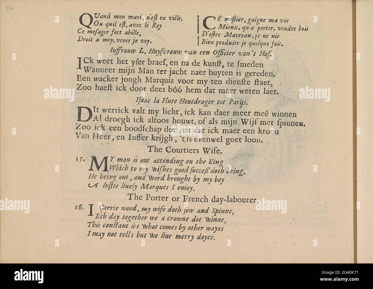 Quatters nelle prestazioni di una donna ufficiale e di un portatore di legname; Les Abus du Mariage. Tre volte due quatrine in francese, olandese e inglese con rimostranze la casalinga di un ufficiale alla corte e di un portatore di legno. La rivista fa parte di un album. Foto Stock